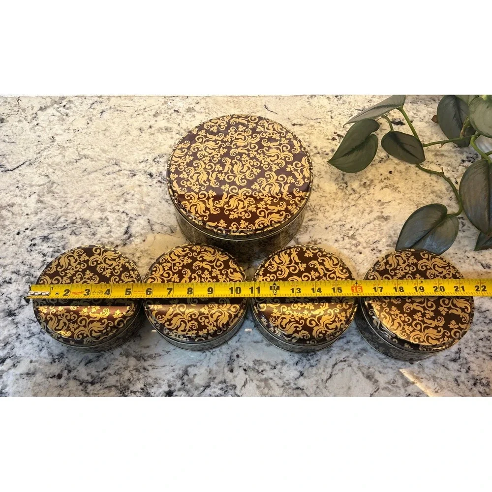 5 Vintage Round Gold Brown Metal Trinket Box Gift Tin Storage Leaf Pattern